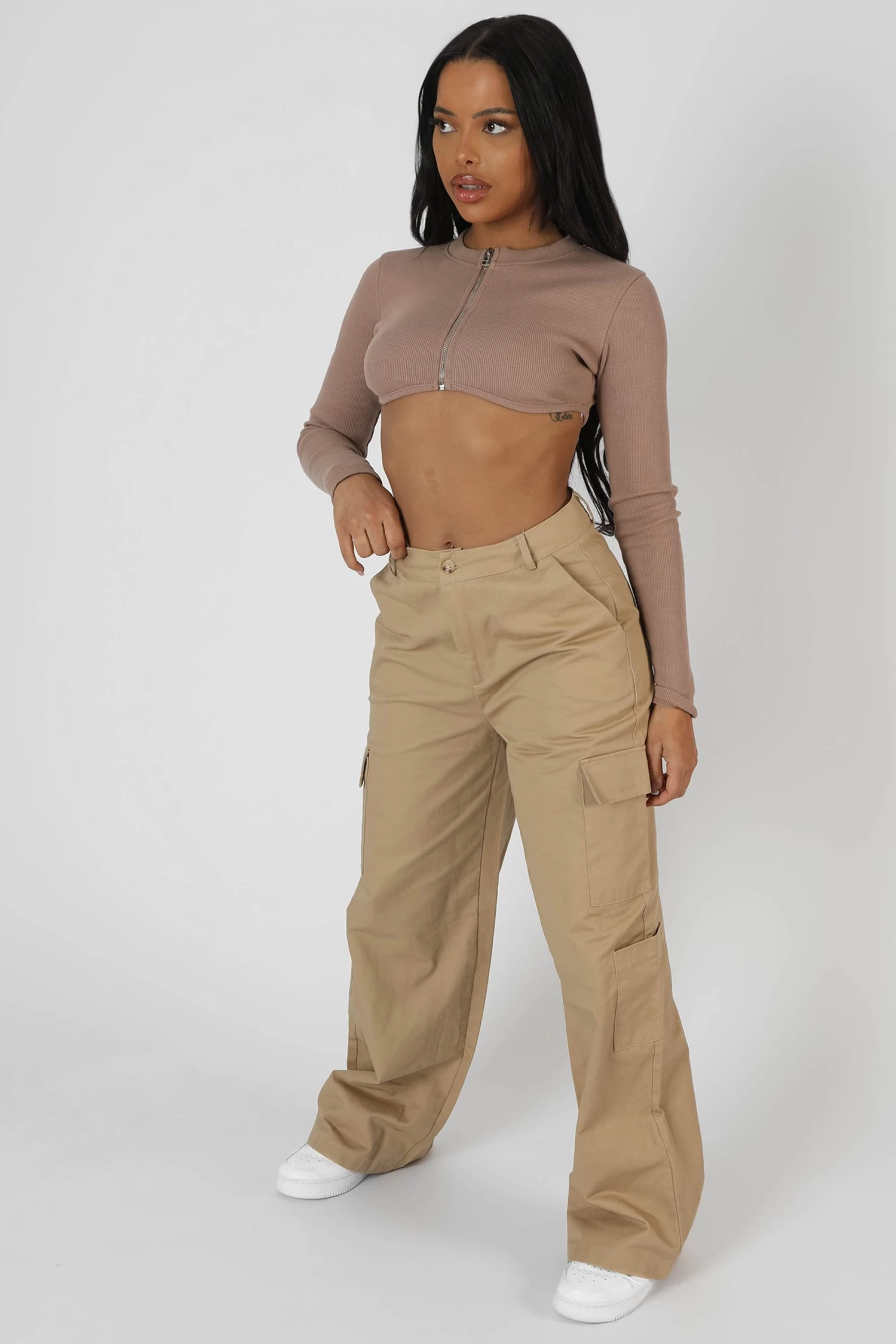 Zip Through Underbust Ribbed Top Sand 3 Zip Through Underbust Ribbed Top Sand - Image 3