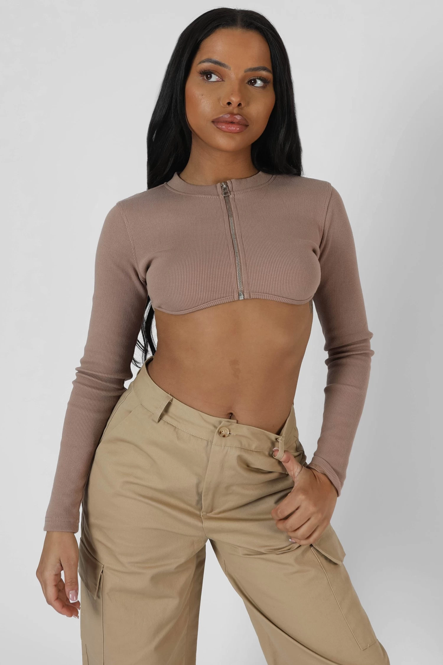 Zip Through Underbust Ribbed Top Sand 2 Zip Through Underbust Ribbed Top Sand - Image 2