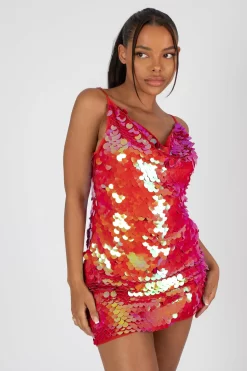 Cowl Neck Cross Back Sequin Mini Dress Iridescent Red -Chic Step Shop StudioSession 978 2 scaled