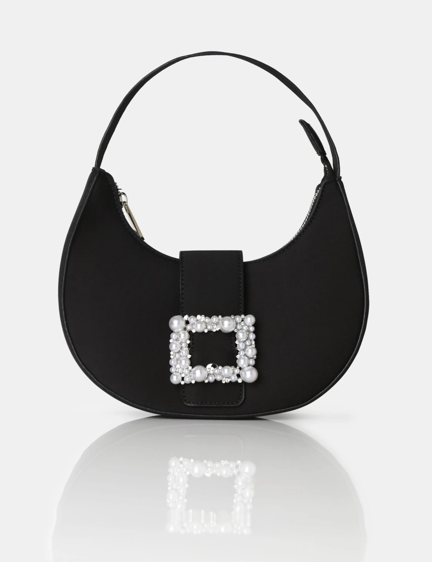 The Pearl Black Satin Pearled Buckle Mini Bag 1 The Pearl Black Satin Pearled Buckle Mini Bag