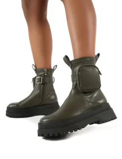 Thought Khaki Pu Wide Fit Pocket Chunky Sole Ankle Boot -Chic Step Shop THOUGHT KHAKI PU 3