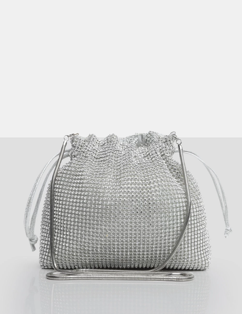 The Claudette Silver Diamante Draw String Crossbody Bag 1 The Claudette Silver Diamante Draw String Crossbody Bag
