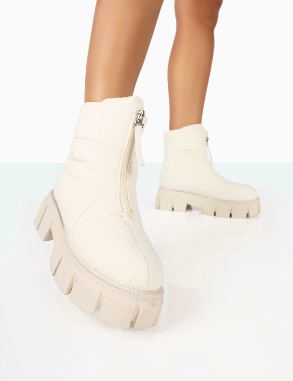 Puffy Ecru Nylon Zip Up Chunky Sole Snow Ankle Boots 1 Puffy Ecru Nylon Zip Up Chunky Sole Snow Ankle Boots