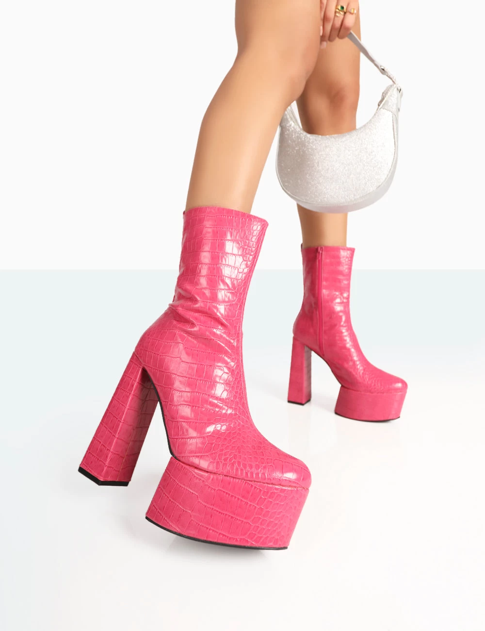 Parker Pink Patent Croc Platform Pointed Toe Block Heeled Ankle Boots 1 Parker Pink Patent Croc Platform Pointed Toe Block Heeled Ankle Boots