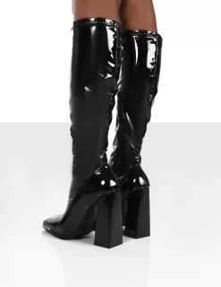 Caryn Black Patent Wide Fit Knee High Block Heeled Boots -Chic Step Shop carynblackbackPATENTback1