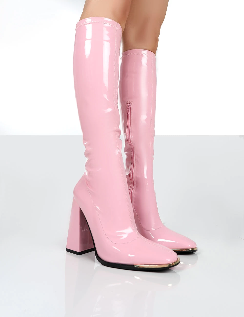 Caryn Pink Patent Knee High Heeled Boots 1 Caryn Pink Patent Knee High Heeled Boots