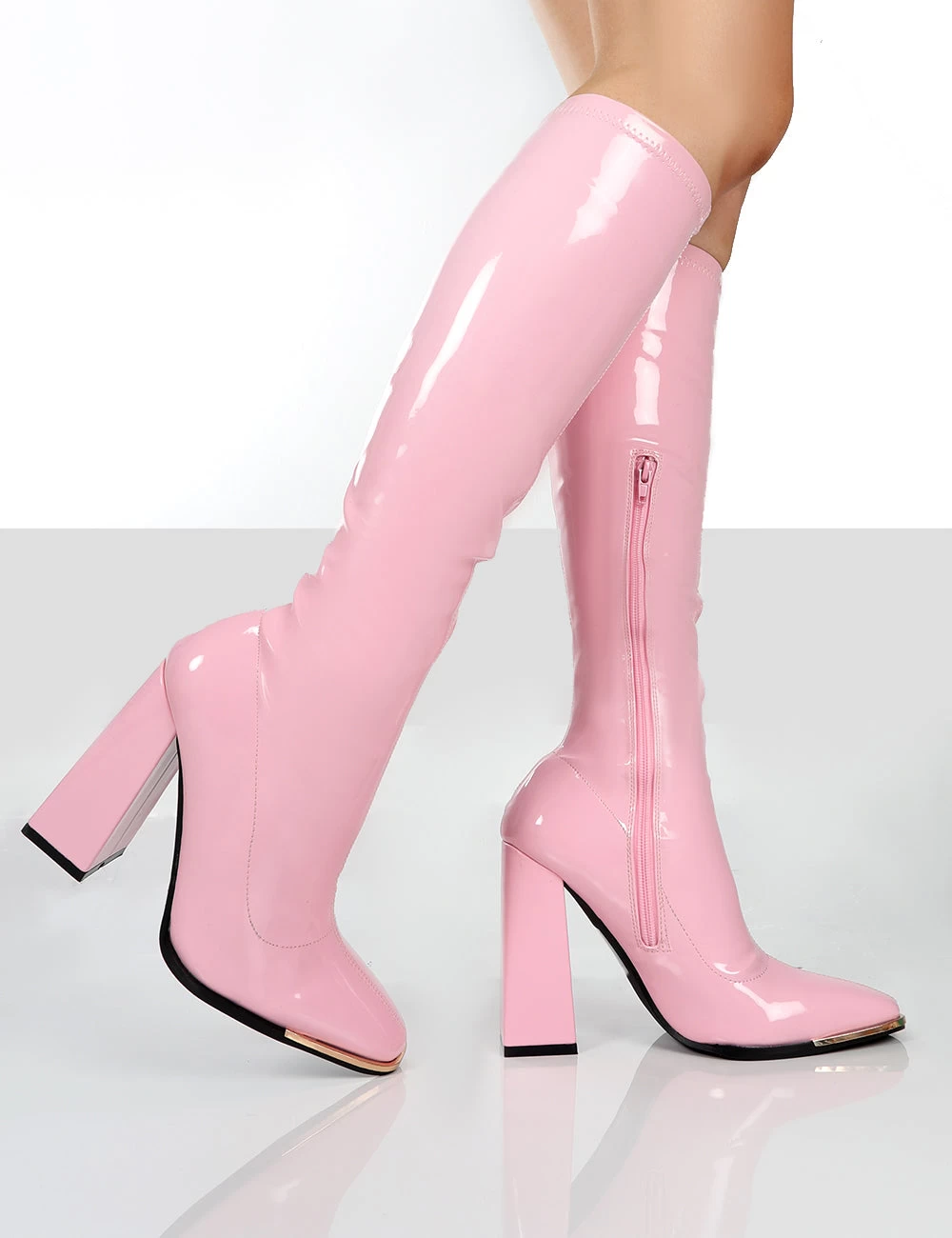 Caryn Pink Patent Knee High Heeled Boots 3 Caryn Pink Patent Knee High Heeled Boots - Image 3