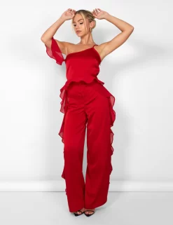 Public Desire Kaiia Chiffon Ruffle Wide Leg Trouser In Red