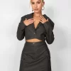 Kaiia Distressed Leather Look Cropped Blazer Co-ord In Brown