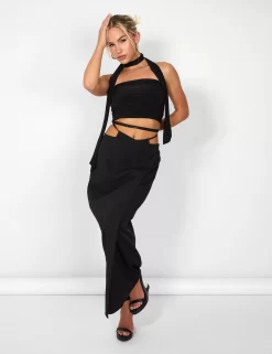 Public Desire Kaiia Wrap Tie Side Maxi Skirt In Black