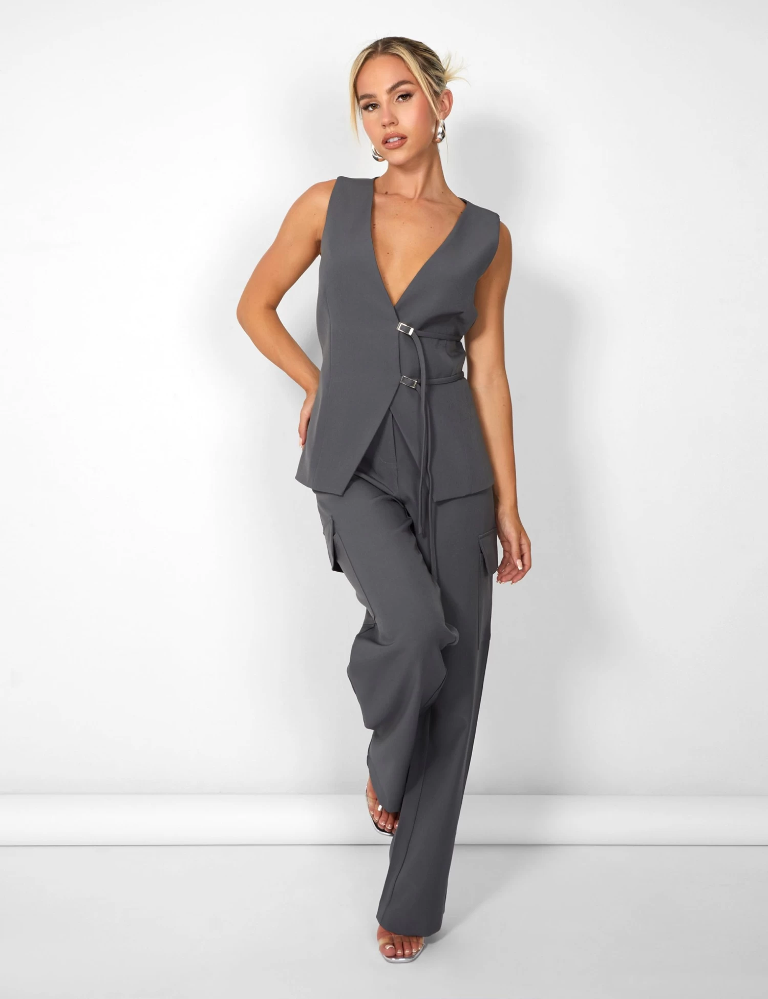 Public Desire Kaiia Strap Detail Waistcoat In Charcoal Grey 2 Public Desire Kaiia Strap Detail Waistcoat In Charcoal Grey - Image 2