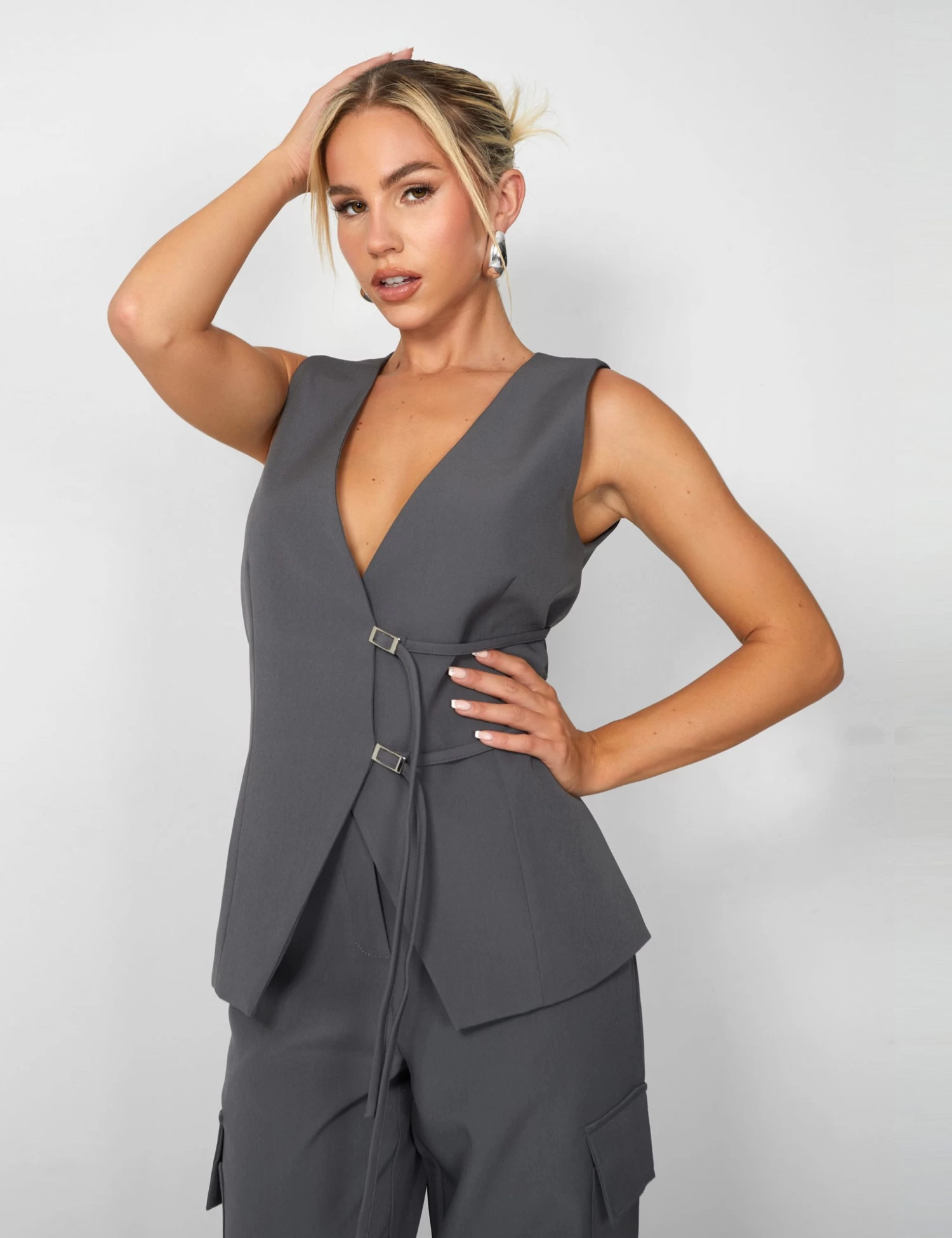 Public Desire Kaiia Strap Detail Waistcoat In Charcoal Grey 1 Public Desire Kaiia Strap Detail Waistcoat In Charcoal Grey