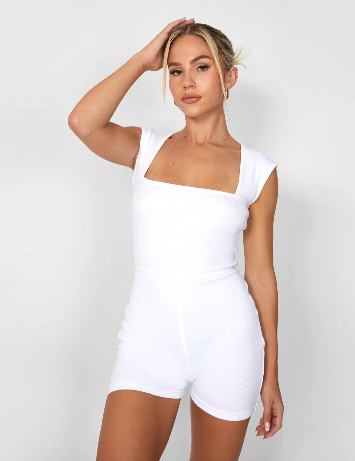 Square Neck Ribbed Playsuit White 5 Square Neck Ribbed Playsuit White - Image 5