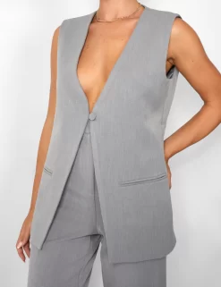 Kaiia Tailored Button Detail Longline Top Co-ord In Grey -Chic Step Shop casey03.084932copy