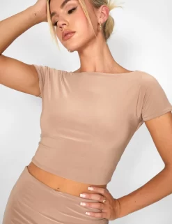 Kaiia Low Back Slinky Crop Top Co-ord In Taupe