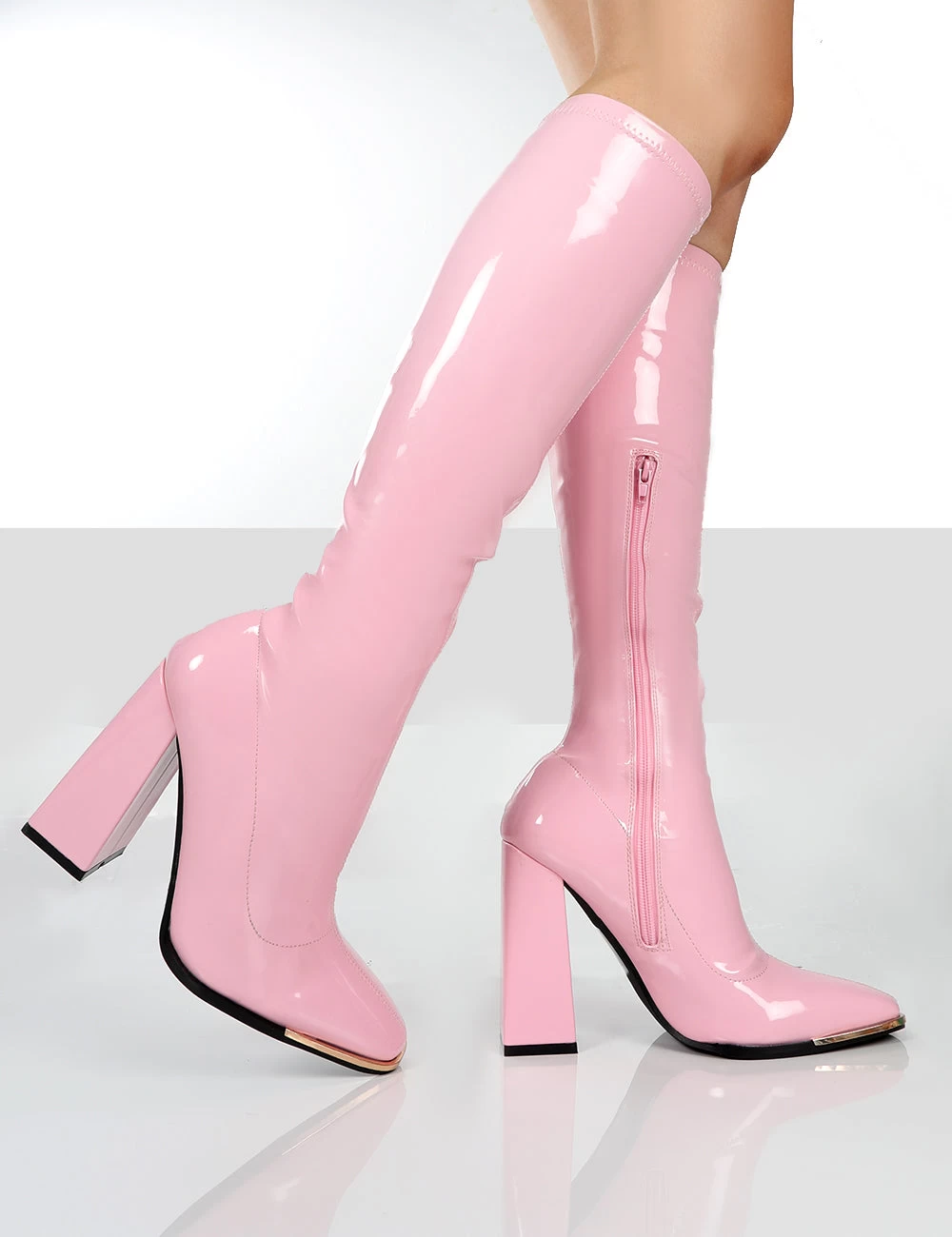 Caryn Pink Patent Knee High Heeled Boots 5 Caryn Pink Patent Knee High Heeled Boots - Image 5