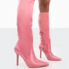 Best Believe Pink Satin Pointed Toe Stiletto Heeled Knee High Boots