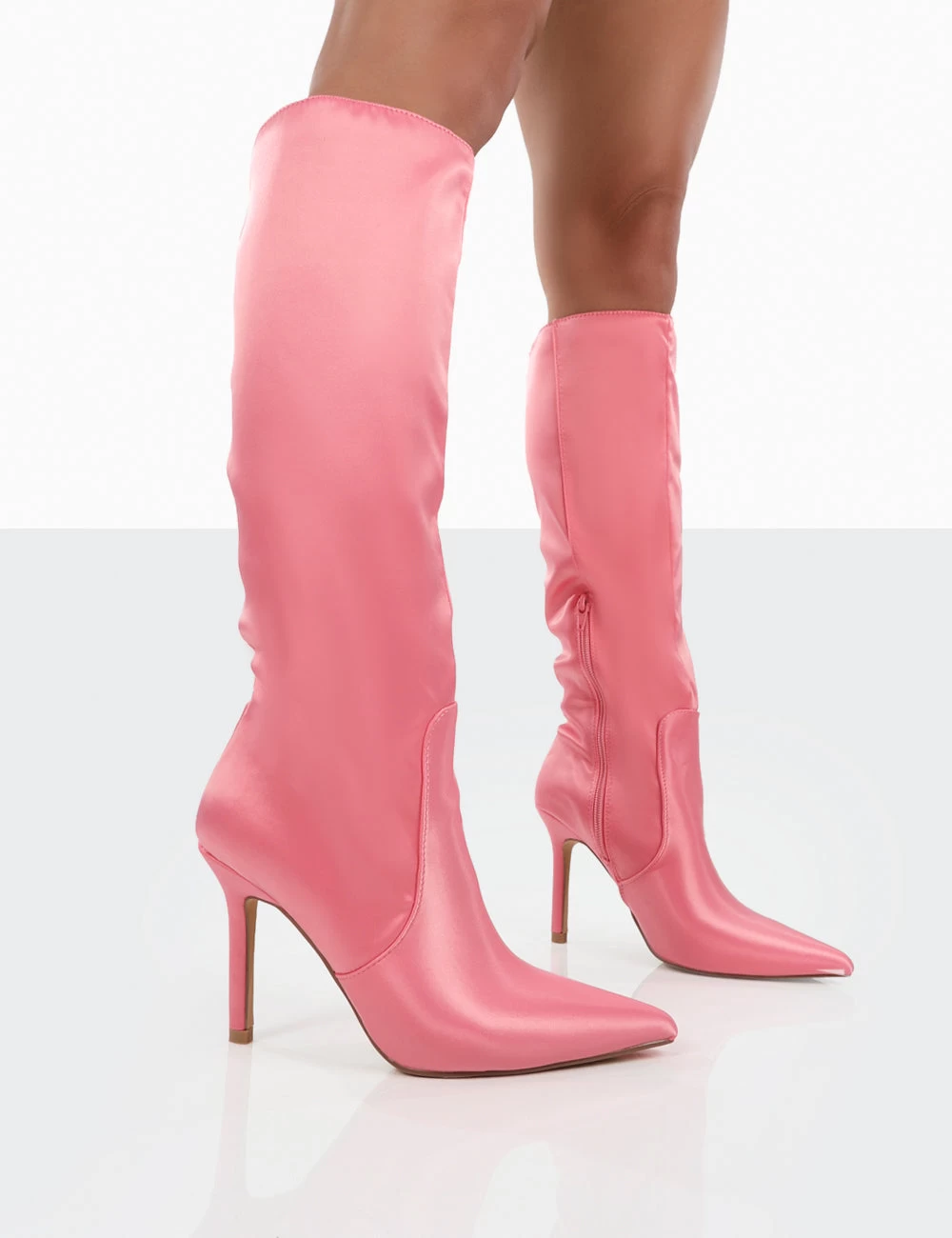 Best Believe Pink Satin Pointed Toe Stiletto Heeled Knee High Boots 1 Best Believe Pink Satin Pointed Toe Stiletto Heeled Knee High Boots