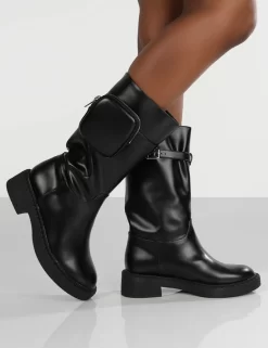 Evoke Black Pocket Detail Chunky Sole Calf Height Boot -Chic Step Shop evoke0022