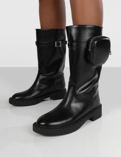 Evoke Black Pocket Detail Chunky Sole Calf Height Boot -Chic Step Shop evoke0025