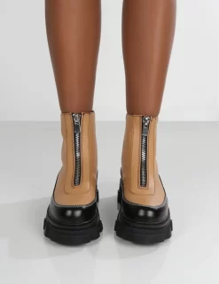 Direction Tan Pu Zip Front Platform Chunky Sole Ankle Boot -Chic Step Shop evoke0045
