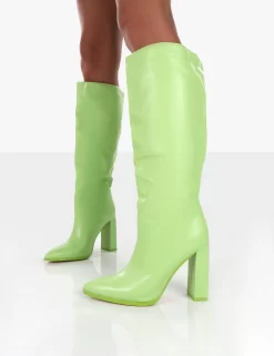 Far Away Lime Grain PU Square Toe Knee High Block Boots -Chic Step Shop farawaydetail
