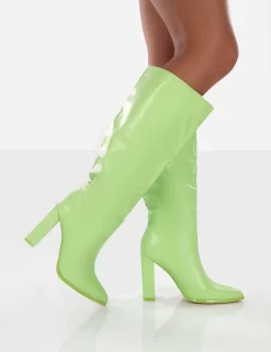 Far Away Lime Grain PU Square Toe Knee High Block Boots -Chic Step Shop farawaygreenwalkig