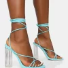 Clara Blue Pu Strappy Lace Up Round Toe Clear Perspex Heels