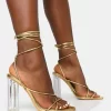 Clara Metallic Gold Pu Strappy Lace Up Round Toe Clear Perspex Heels