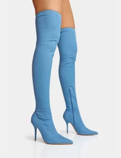Jodie Blue Denim Seam Detail Pointed Toe Stiletto Thigh High Boots