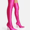 Instinct Pink Lycra Pointed Toe Stiletto Thigh High Boots