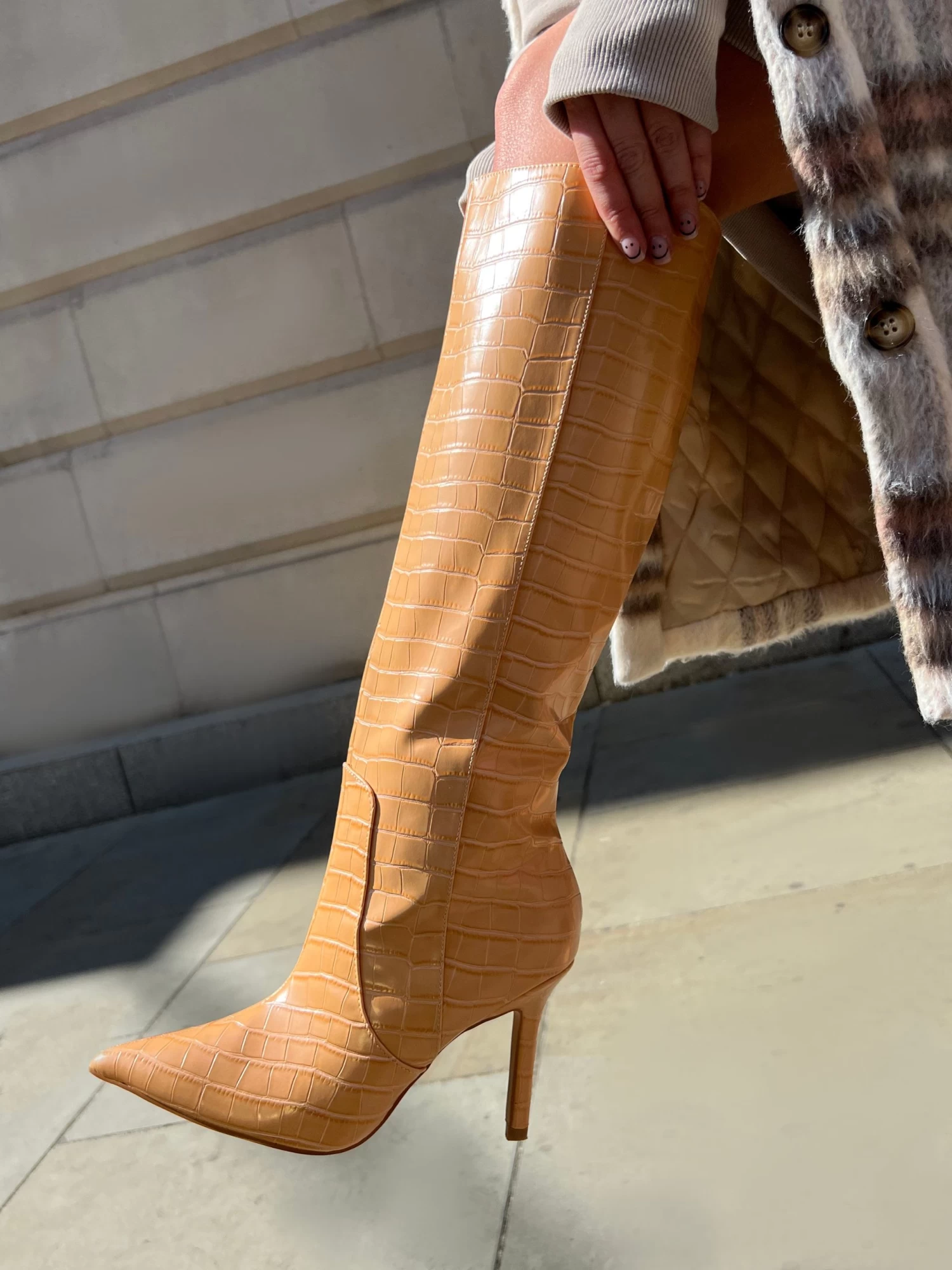 Best Believe Caramel Croc Pointed Toe Stiletto Heeled Knee High Boots 2 Best Believe Caramel Croc Pointed Toe Stiletto Heeled Knee High Boots - Image 2