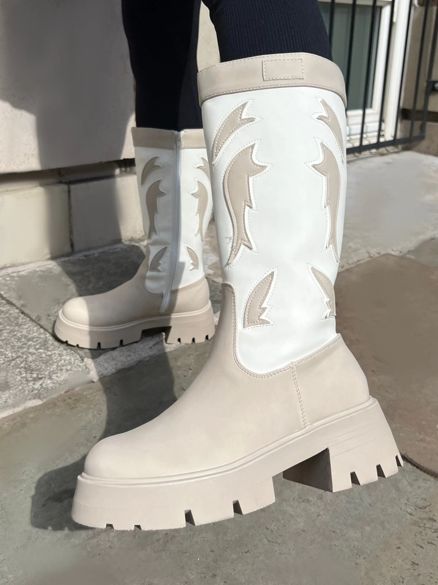 Fly Away Ecru Pu Round Toe Western Cowboy Platform Chunky Sole Knee High Boots 2 Fly Away Ecru Pu Round Toe Western Cowboy Platform Chunky Sole Knee High Boots - Image 2