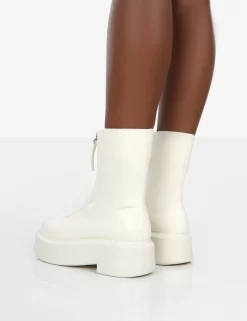 Indigo Ecru PU Platform Chunky Sole Zip Through Ankle Boot -Chic Step Shop indigowhitback