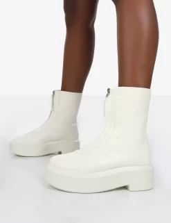 Indigo Ecru PU Platform Chunky Sole Zip Through Ankle Boot -Chic Step Shop indigowhitedetail