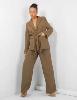 Split Hem Wide Leg Tailored Trousers Khaki