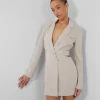 Pocket Detail Cut Out Waist Tailored Blazer Dress Ecru