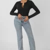 Front Button Long Sleeve Ribbed Bodysuit Black