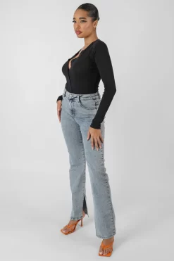 Front Button Long Sleeve Ribbed Bodysuit Black -Chic Step Shop kaiia11.10 123