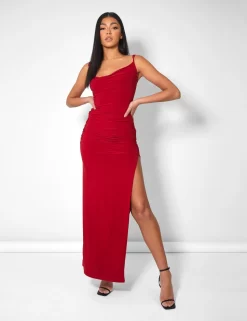 Cowl Neck Extreme Split Slinky Maxi Dress Red -Chic Step Shop kaiia20811 scaled