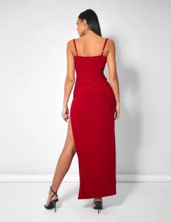 Cowl Neck Extreme Split Slinky Maxi Dress Red -Chic Step Shop kaiia20825 scaled