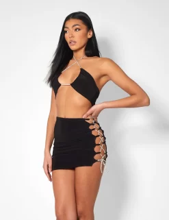 Diamante Rope Slinky Mini Skirt Black