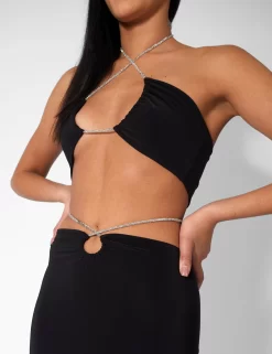 CROSS FRONT DIAMANTE ROPE MIDAXI SKIRT BLACK -Chic Step Shop kaiia20990copy