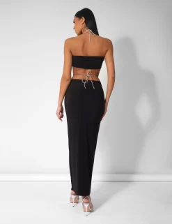 CROSS FRONT DIAMANTE ROPE MIDAXI SKIRT BLACK -Chic Step Shop kaiia20993 scaled