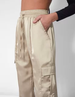 Split Hem Satin Elasticated Waist Wide Leg Cargo Trousers Champagne -Chic Step Shop kaiia21059copy