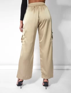 Split Hem Satin Elasticated Waist Wide Leg Cargo Trousers Champagne -Chic Step Shop kaiia21060copy