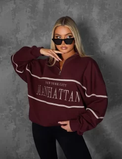 MANHATTAN SLOGAN HALF ZIP PULLOVER SWEATSHIRT BURGUNDY -Chic Step Shop kaiiajan00088Jan262023copy scaled