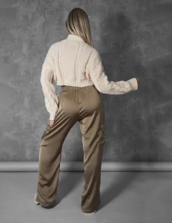 Split Hem Satin Elasticated Waist Wide Leg Cargo Trousers Khaki -Chic Step Shop kaiiajan00691Jan262023copy scaled