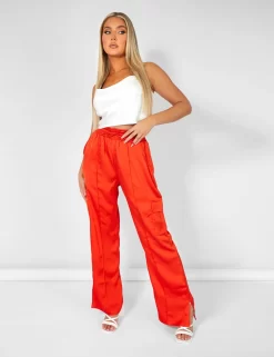 Split Hem Satin Elasticated Waist Joggers Red 6 Split Hem Satin Elasticated Waist Joggers Red -Chic Step Shop kaiiajan202300411 scaled