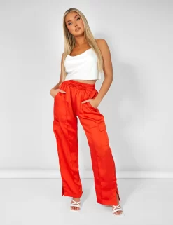Split Hem Satin Elasticated Waist Joggers Red 7 Split Hem Satin Elasticated Waist Joggers Red -Chic Step Shop kaiiajan202300441 scaled